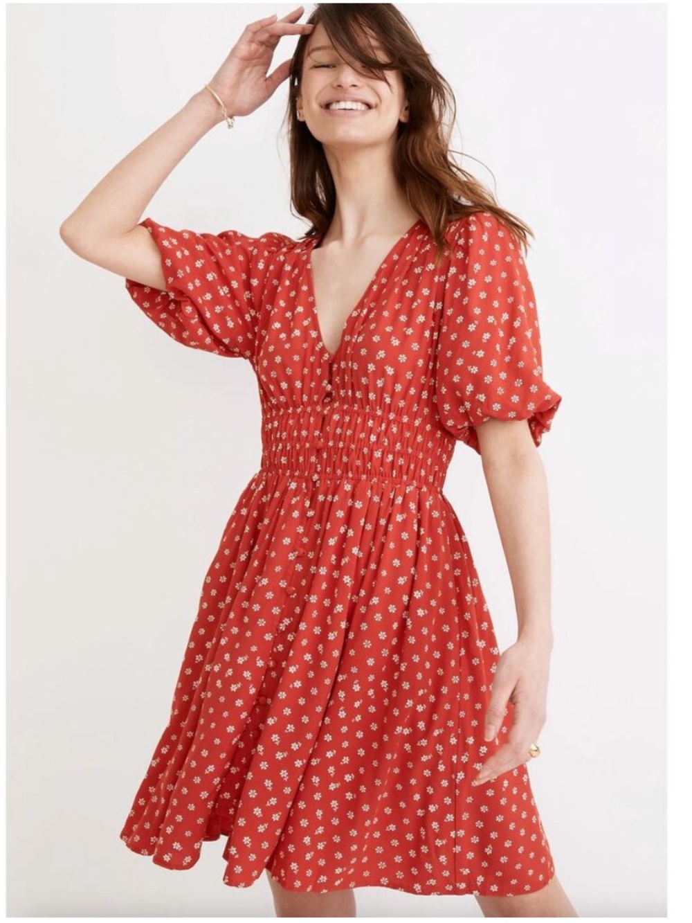 Madewell Sophia Mini Dress Red Floral Smocked Waist Puff Sleeves XS